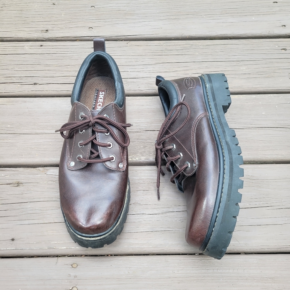 Vintage 90s y2k Skechers Bratz Brown Leather Chunky Heel‎ Oxford Jammers 9.5